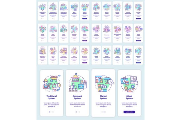 Economic Systems Mobile App Screen Set Graphics