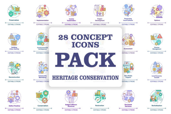 Heritage Conservation Concept Icons Set: Graphics and Icons for Creative Design