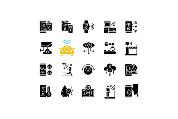 IoT Black Glyph Icons Set on White Space